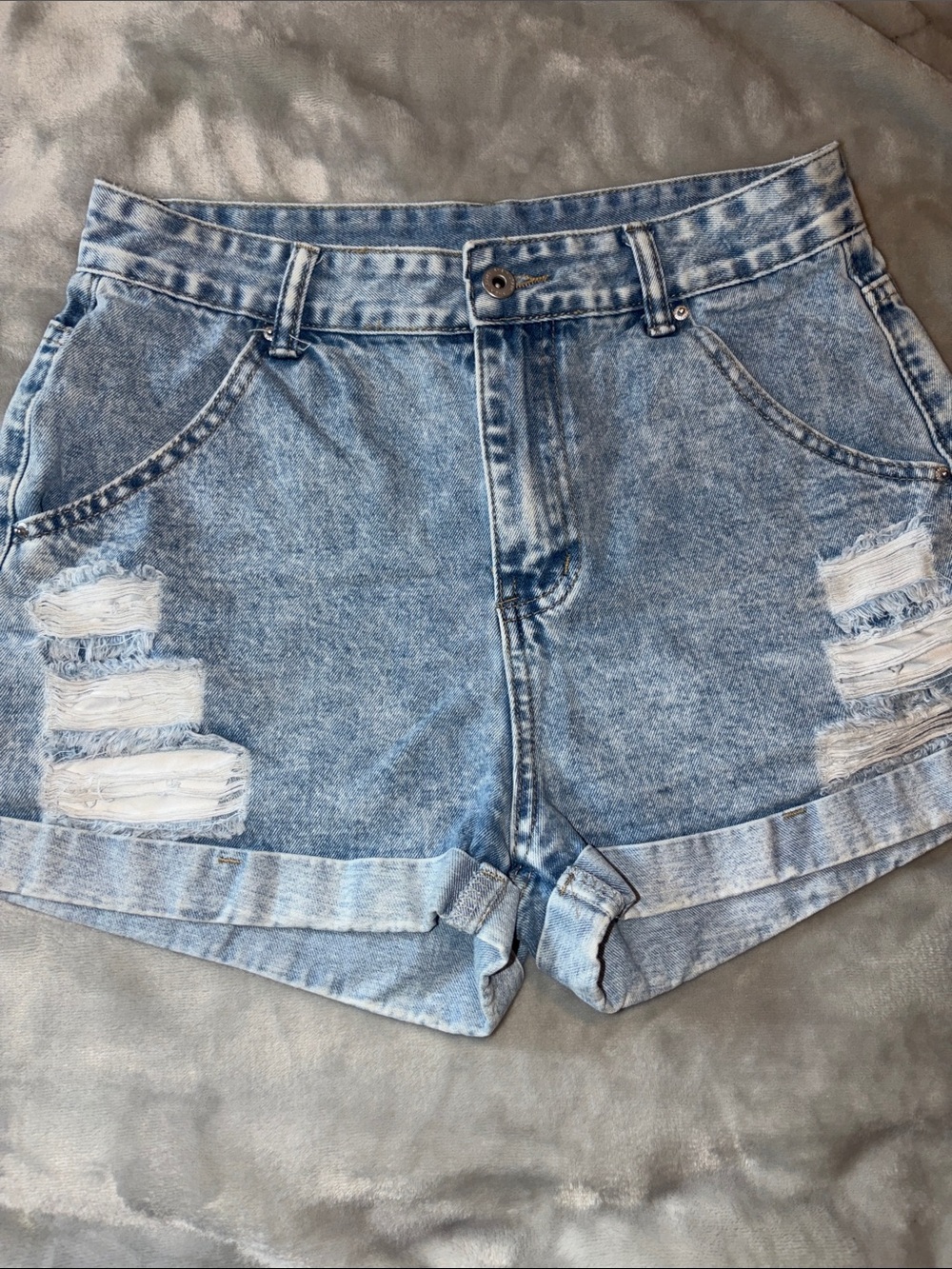 SHEIN High-Rise Light Blue Distressed Denim Shorts